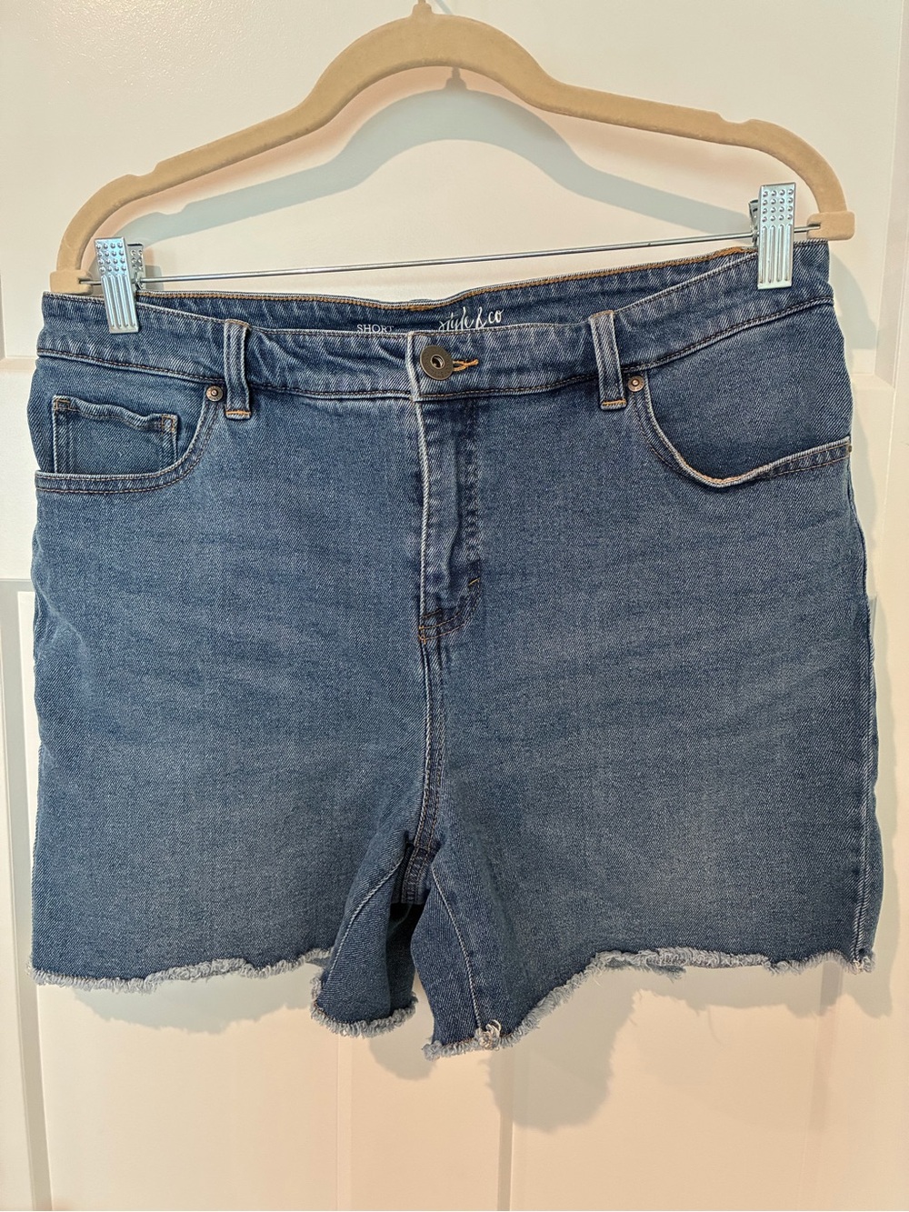 Style & Co High-Rise Frayed Hem Denim Shorts in Blue